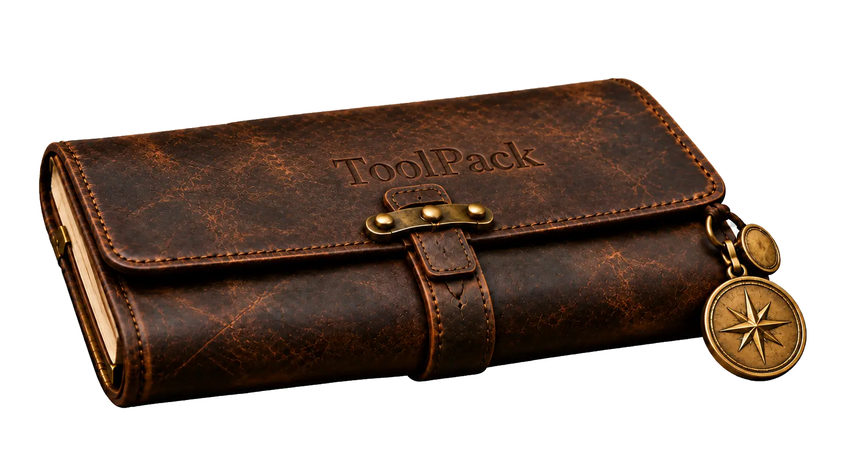 Closed leather ToolPack with embossed name and gold medallion
